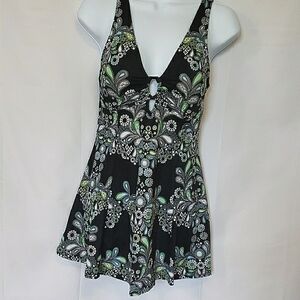 Elegant Black and Green One-Piece Swimsuit with Skirted Bottom